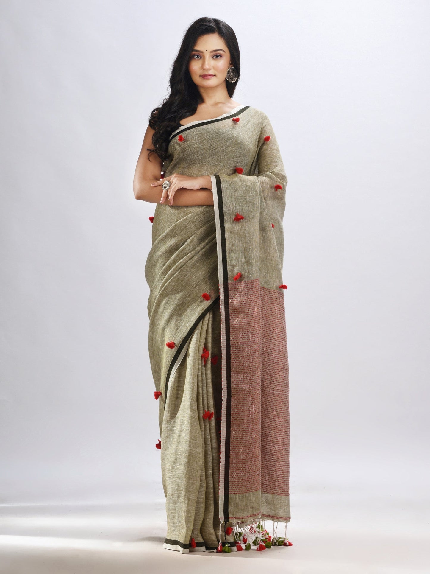 Women's Sege green linen all body pom pom with pallu stipe handwoven saree