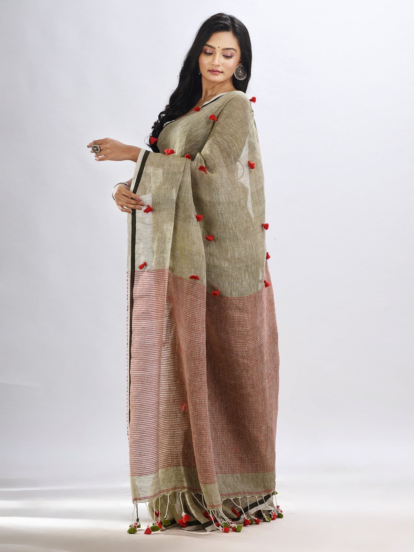 Women's Sege green linen all body pom pom with pallu stipe handwoven saree
