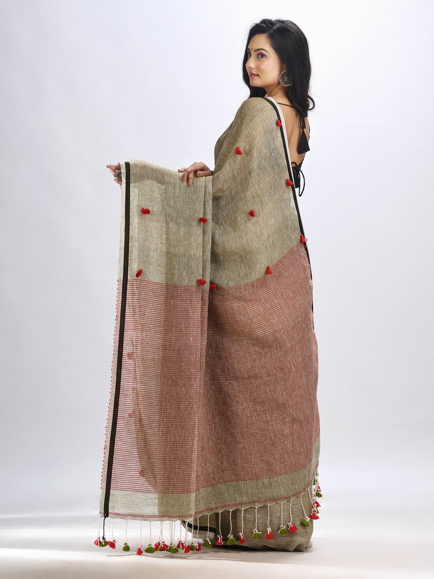 Women's Sege green linen all body pom pom with pallu stipe handwoven saree