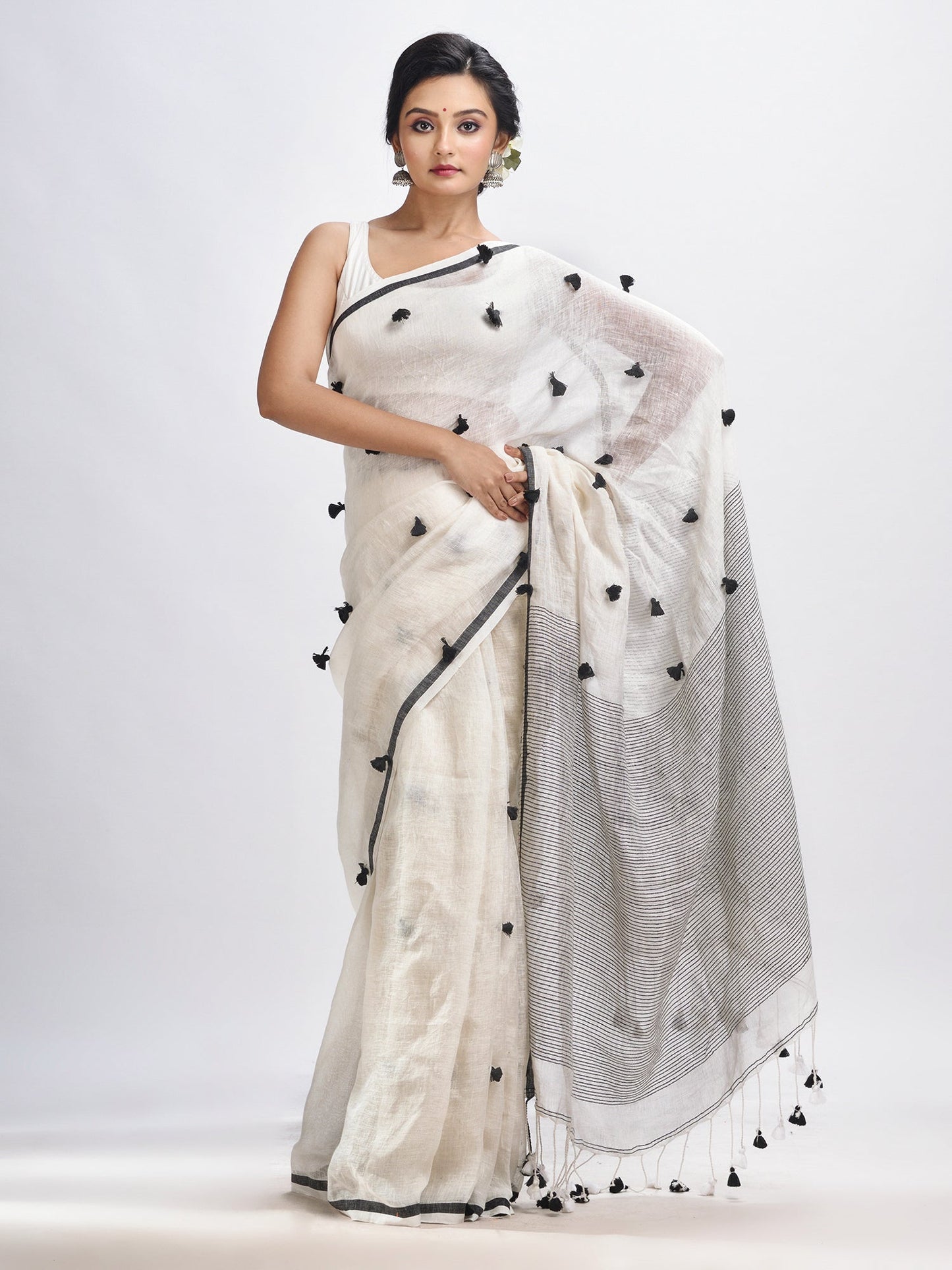Women's White linen all body pom pom with pallu stipe handwoven saree
