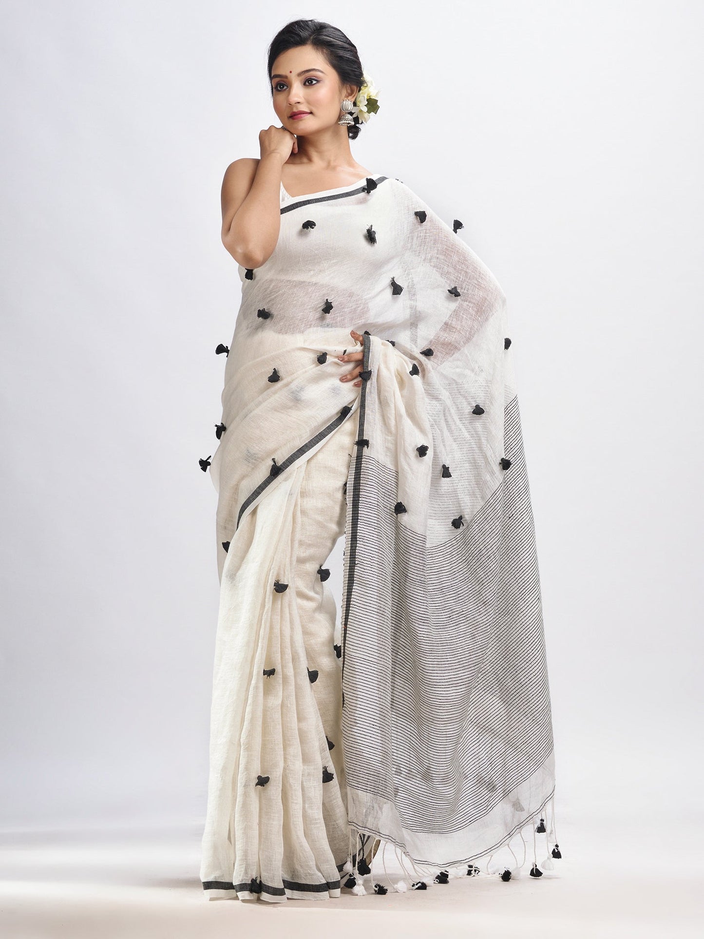 Women's White linen all body pom pom with pallu stipe handwoven saree