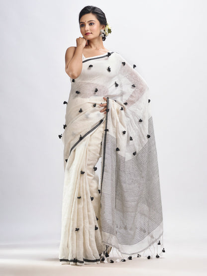Women's White linen all body pom pom with pallu stipe handwoven saree