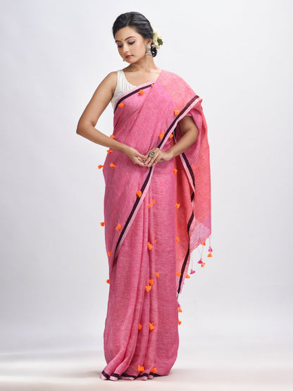 Women's Livid pink linen all body pom pom with pallu stipe handwoven saree
