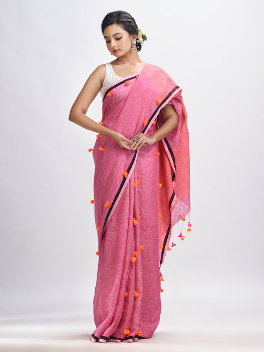 Women's Livid pink linen all body pom pom with pallu stipe handwoven saree