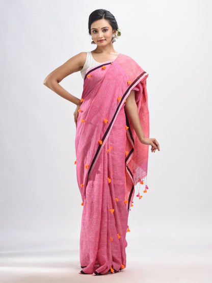 Women's Livid pink linen all body pom pom with pallu stipe handwoven saree
