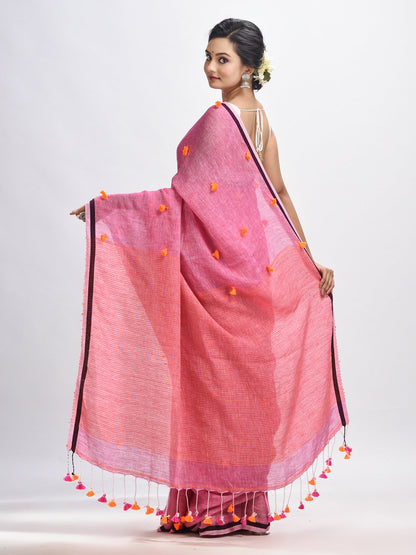 Women's Livid pink linen all body pom pom with pallu stipe handwoven saree