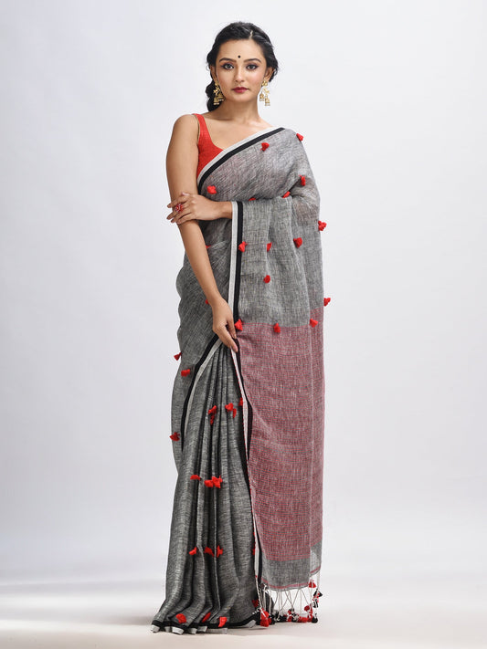 Women's Grey linen all body pom pom with pallu stipe handwoven saree