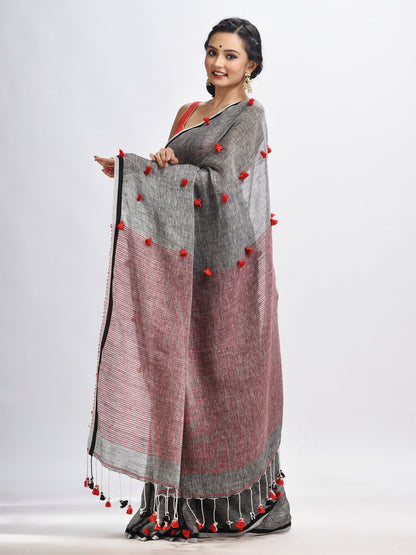 Women's Grey linen all body pom pom with pallu stipe handwoven saree