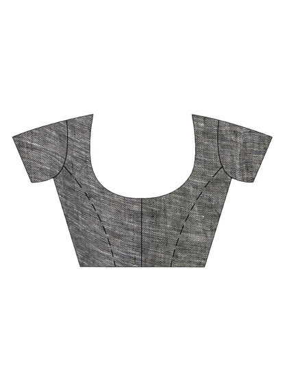 Women's Grey linen all body pom pom with pallu stipe handwoven saree