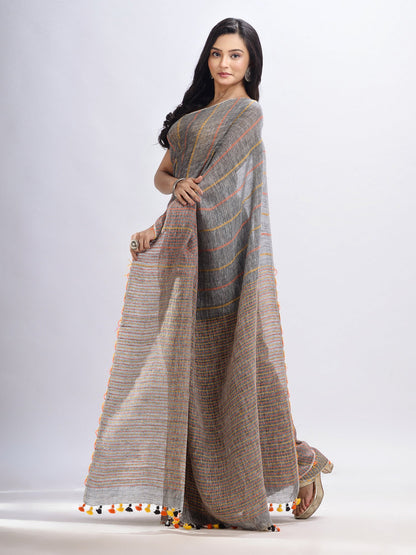 Women's Grey kantha stitch Handwoven Linen Saree
