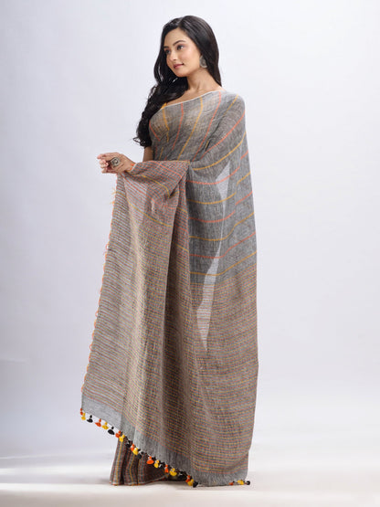 Women's Grey kantha stitch Handwoven Linen Saree