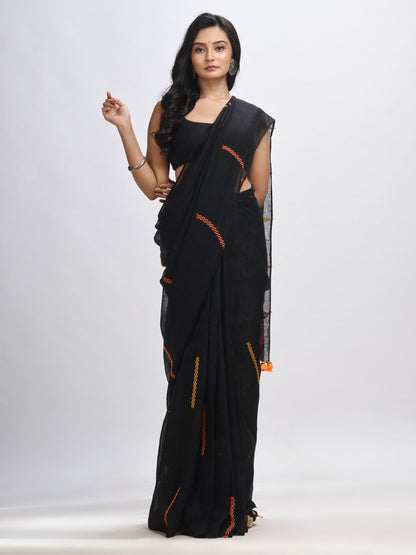 Women's Black kantha stitch handwoven linen saree