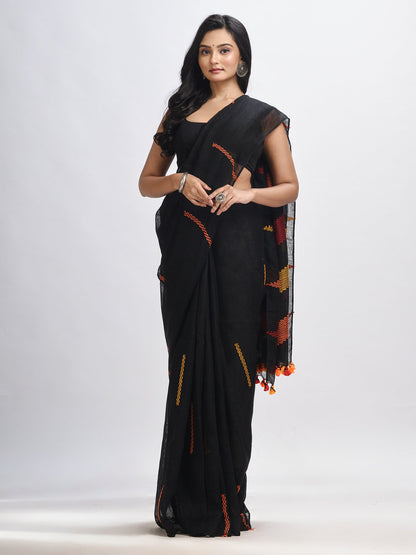 Women's Black kantha stitch handwoven linen saree