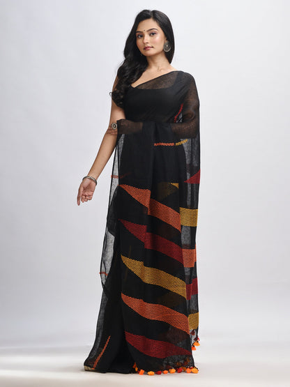 Women's Black kantha stitch handwoven linen saree