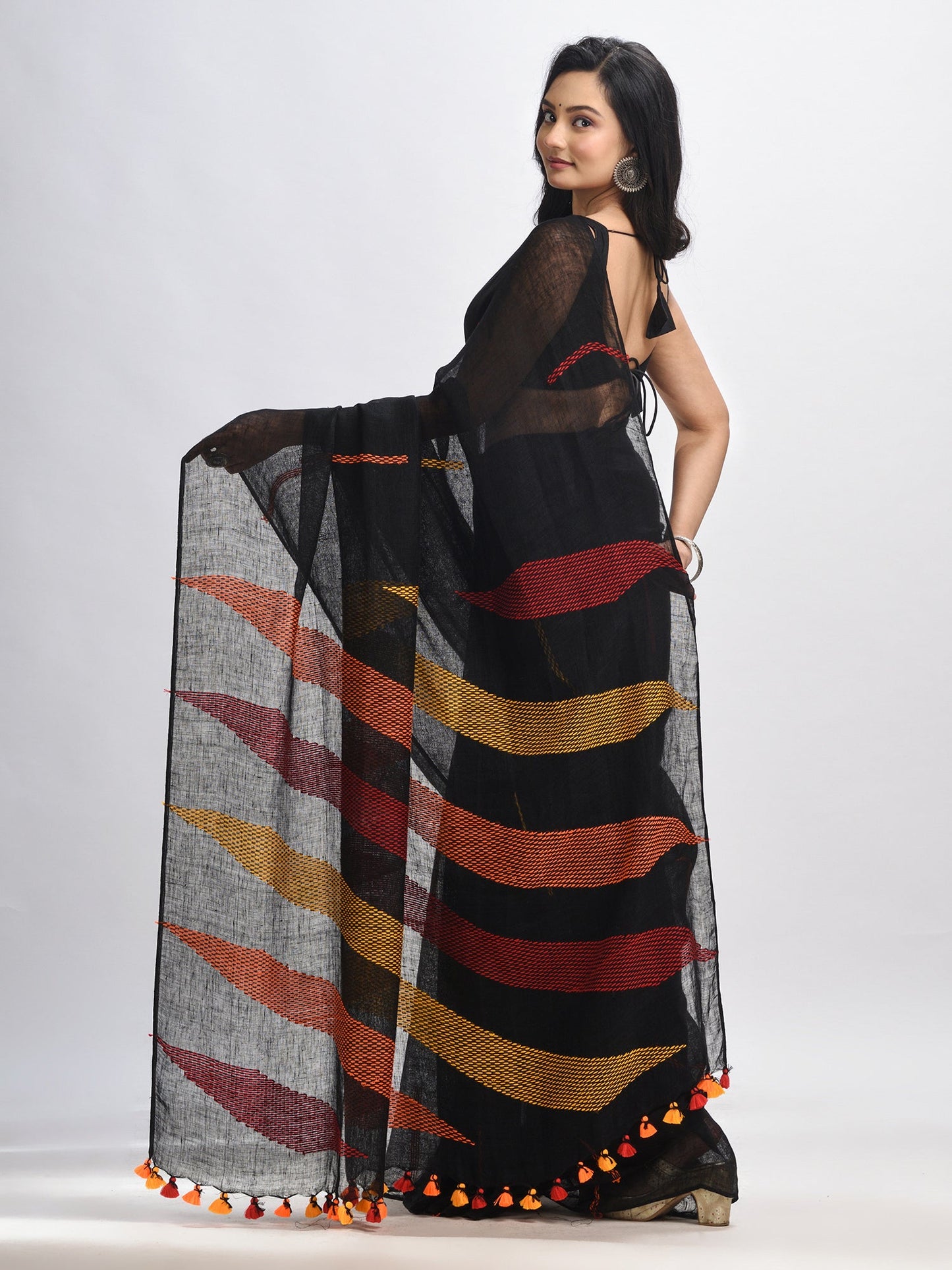 Women's Black kantha stitch handwoven linen saree