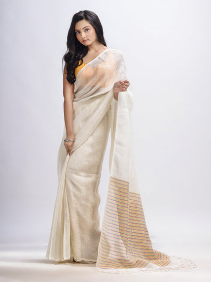Women's White linen with pallu stipe handloom saree