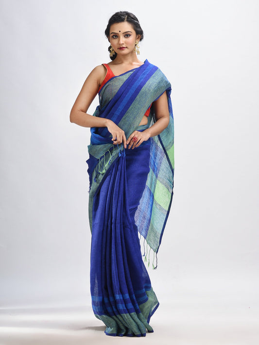 Women's Royal blue linen with pallu stipe handloom saree