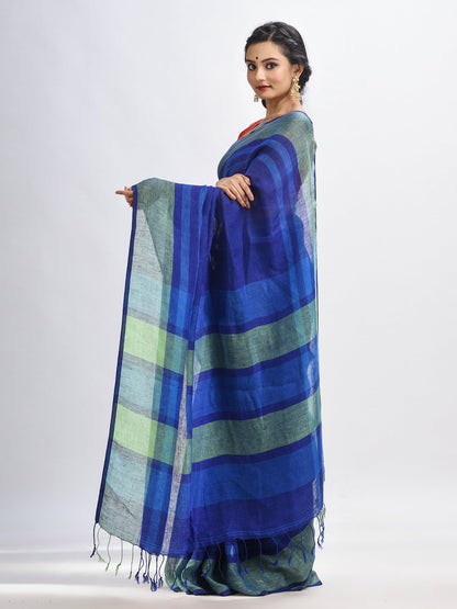 Women's Royal blue linen with pallu stipe handloom saree