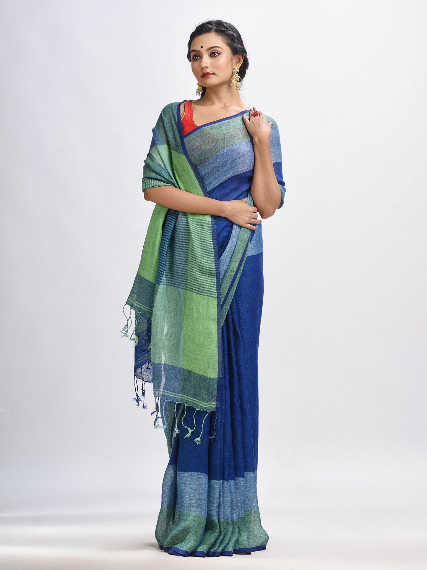 Women's Midnight blue linen with pallu stipe handloom saree