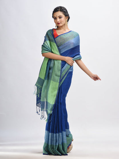 Women's Midnight blue linen with pallu stipe handloom saree