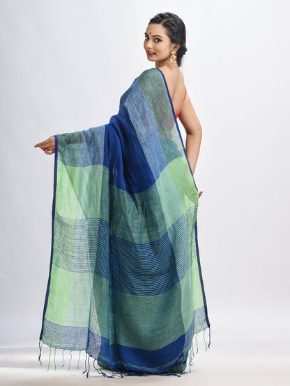 Women's Midnight blue linen with pallu stipe handloom saree