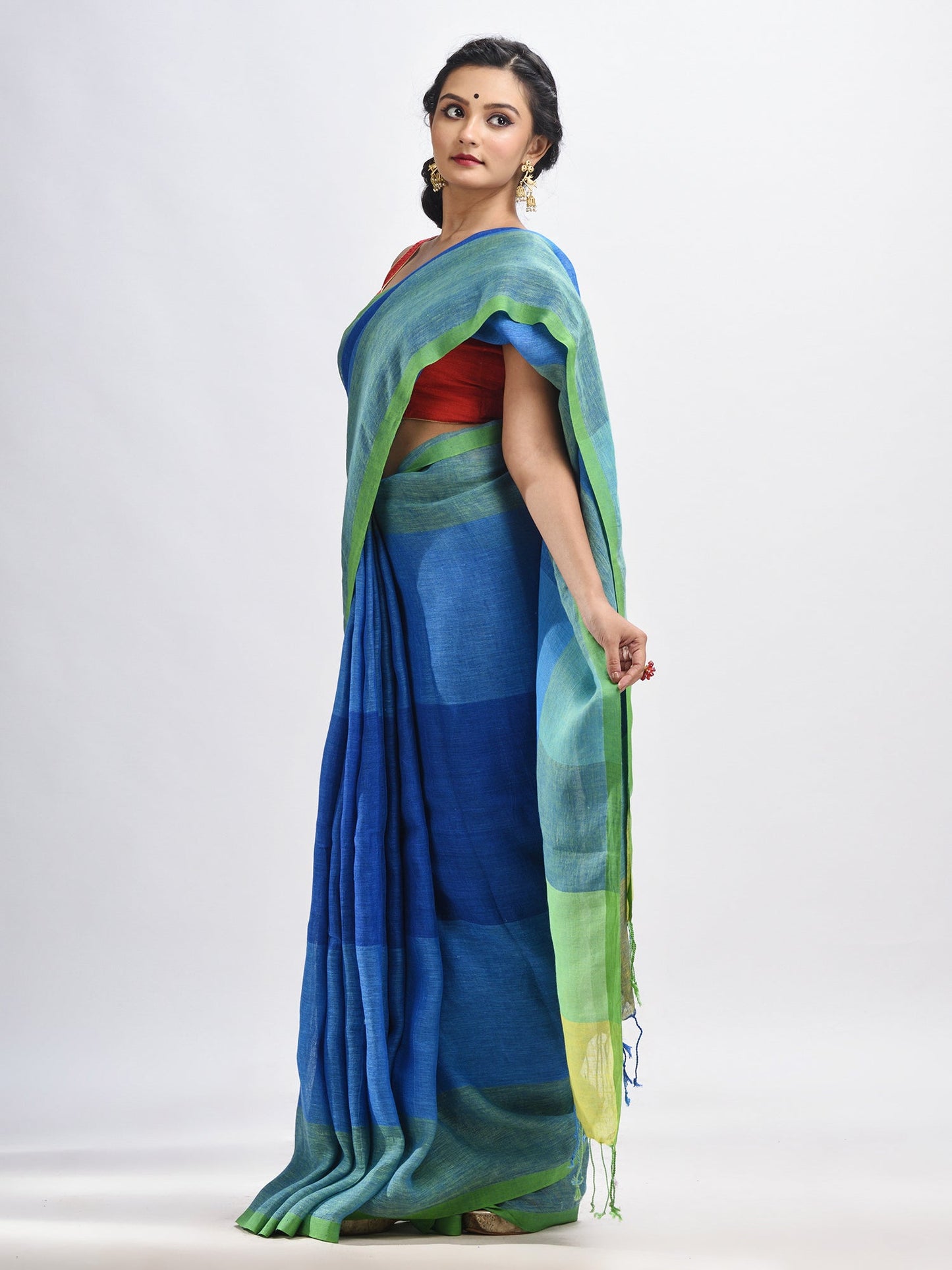 Women's Light blue linen with pallu stipe handloom saree