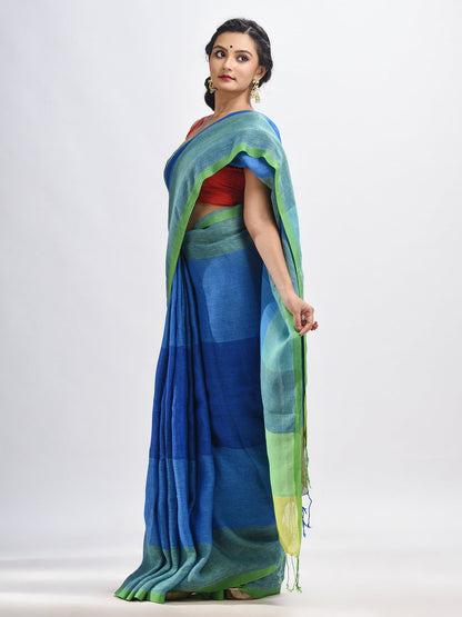 Women's Light blue linen with pallu stipe handloom saree