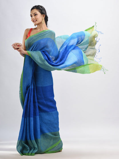 Women's Light blue linen with pallu stipe handloom saree