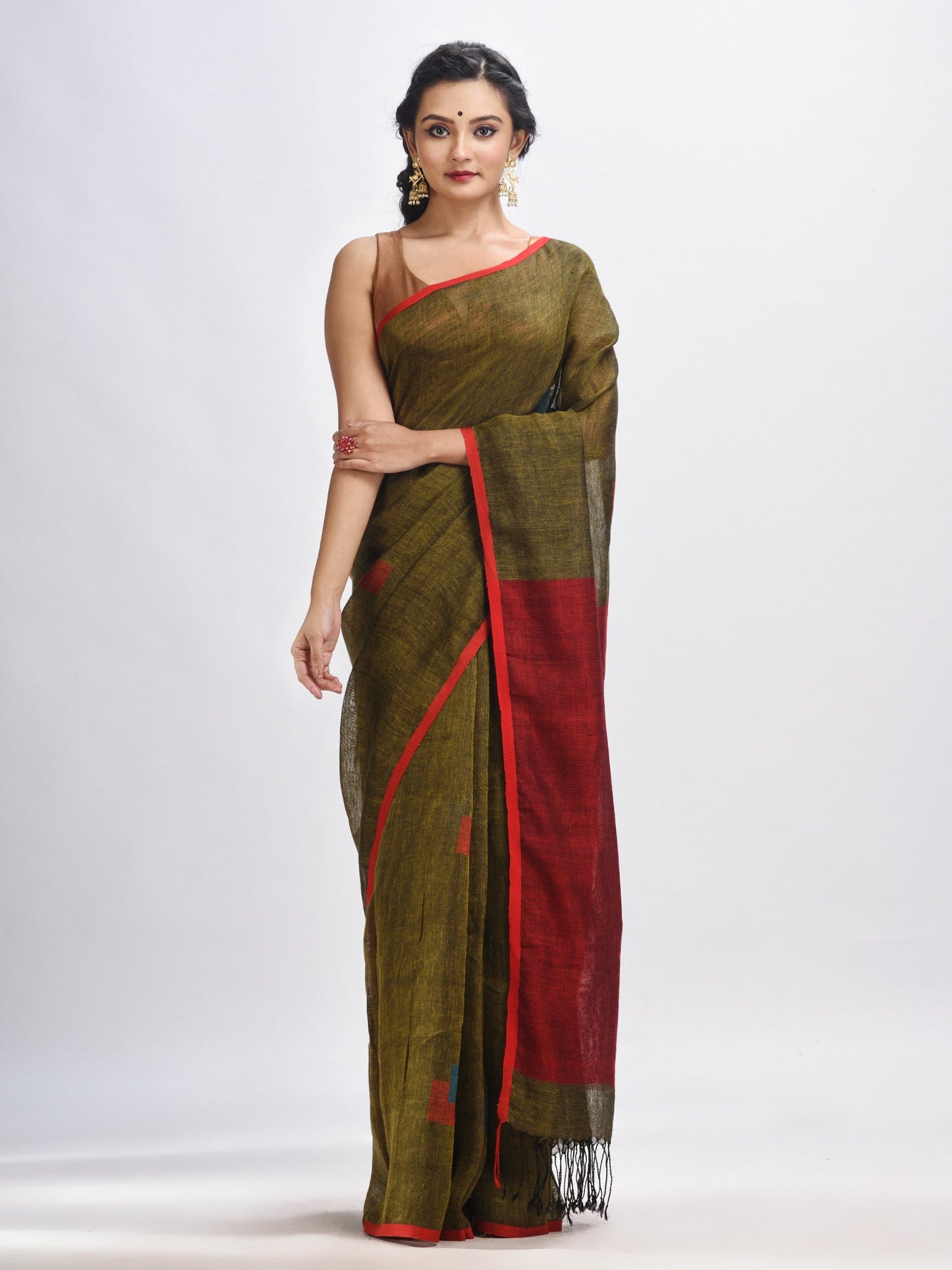 Women's Olive green linen all body buti jamdani saree