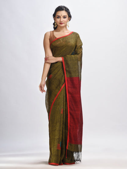 Women's Olive green linen all body buti jamdani saree