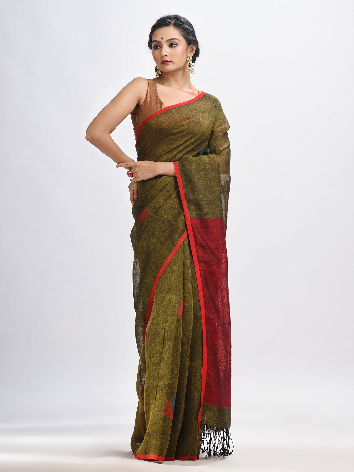 Women's Olive green linen all body buti jamdani saree