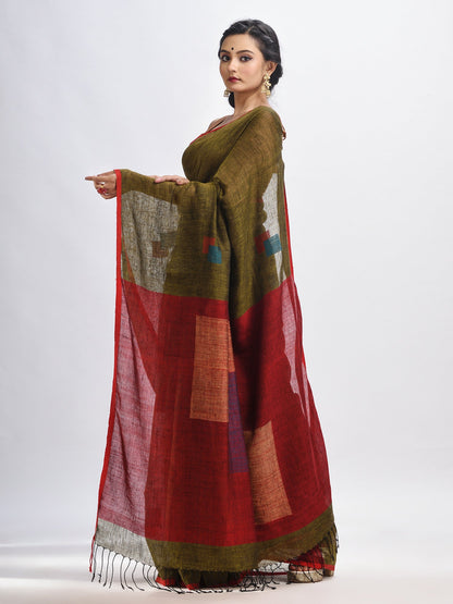 Women's Olive green linen all body buti jamdani saree