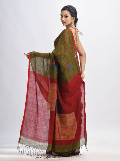 Women's Olive green linen all body buti jamdani saree