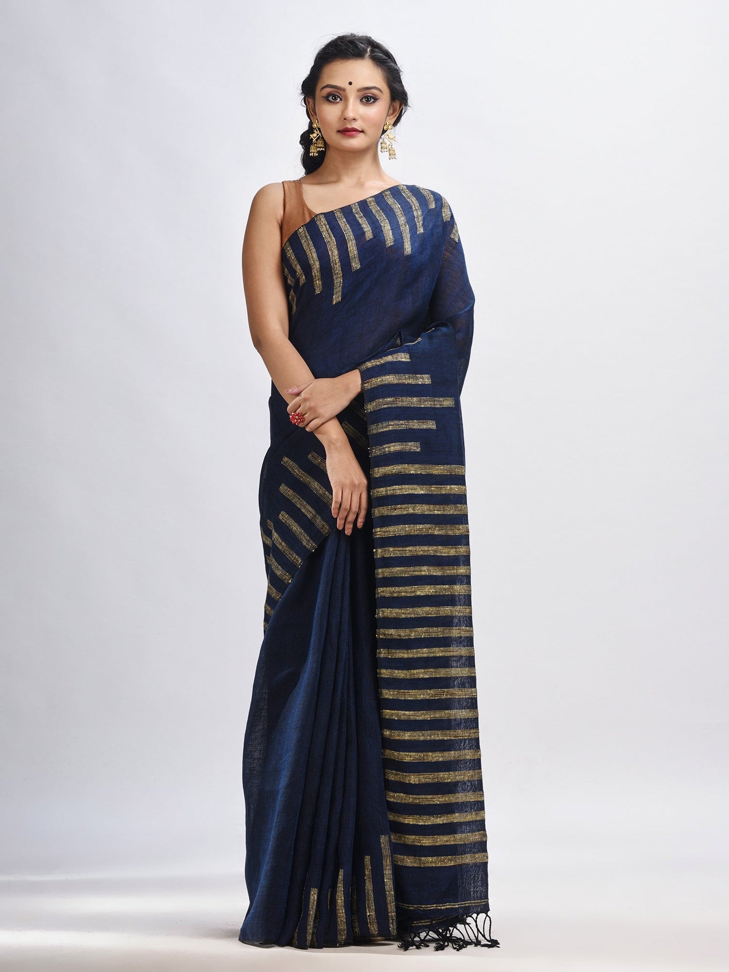 Women's Nevy blue linen harmonium design handloom saree