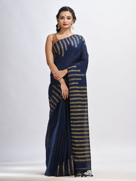 Women's Nevy blue linen harmonium design handloom saree