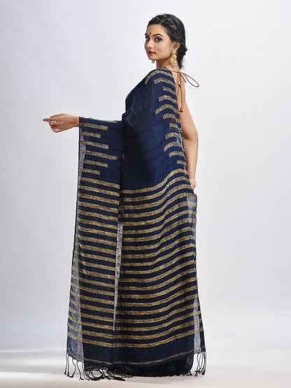 Women's Nevy blue linen harmonium design handloom saree