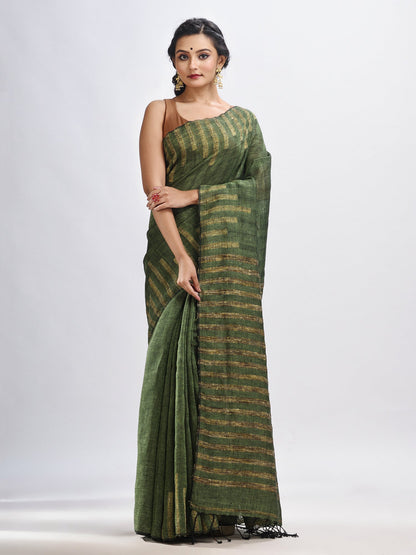 Women's Gorillaz green linen harmonium design handloom saree