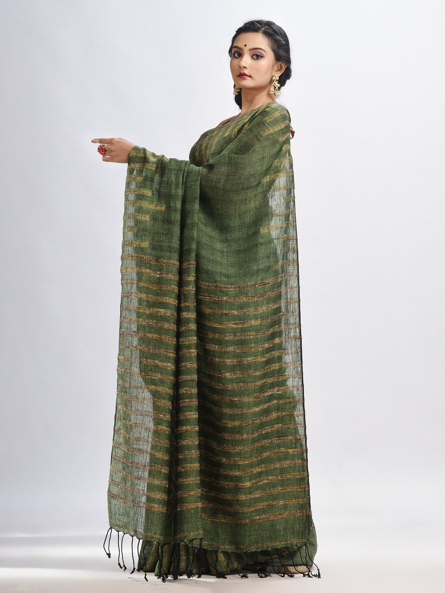 Women's Gorillaz green linen harmonium design handloom saree