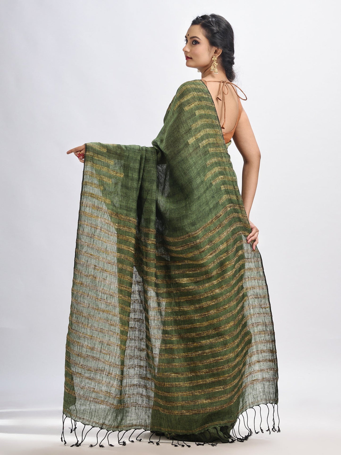 Women's Gorillaz green linen harmonium design handloom saree