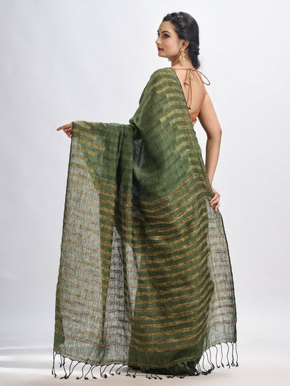 Women's Gorillaz green linen harmonium design handloom saree