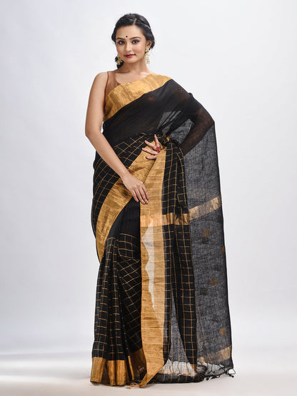 Women's Black linen half check and huff solid body jamdani saree