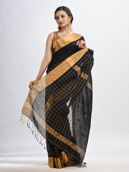 Women's Black linen half check and huff solid body jamdani saree