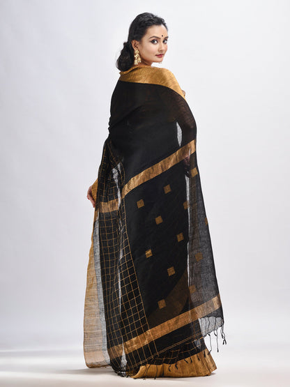 Women's Black linen half check and huff solid body jamdani saree
