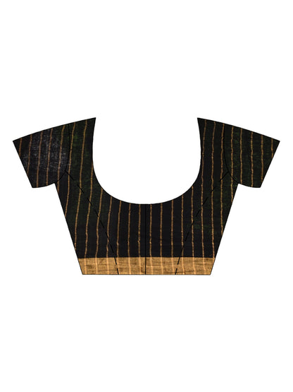 Women's Black linen half check and huff solid body jamdani saree