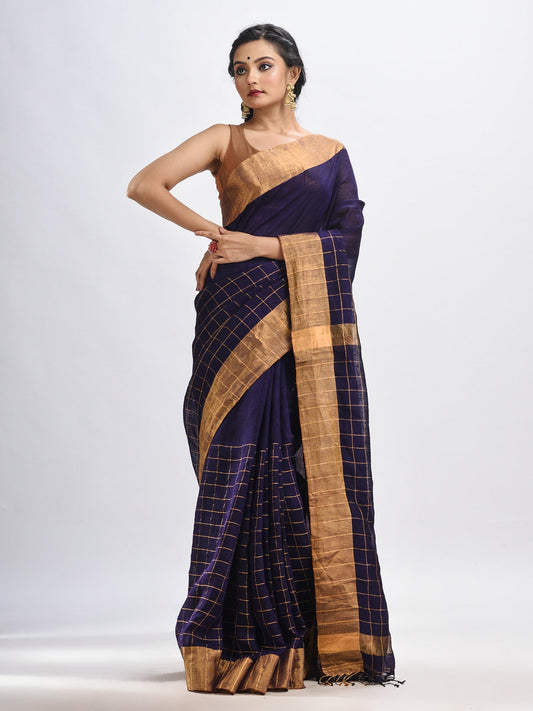 Women's Violet linen half check and huff solid body jamdani saree