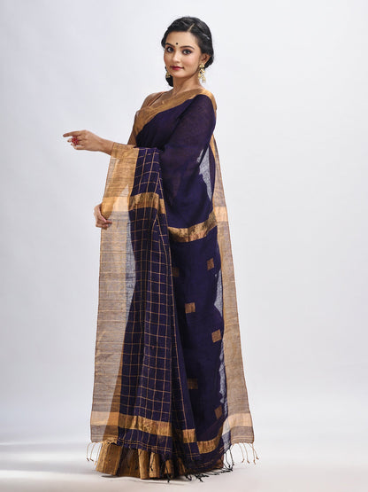 Women's Violet linen half check and huff solid body jamdani saree