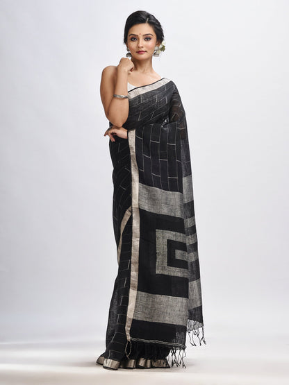 Women's Black Traditional Linen Jamdani Saree