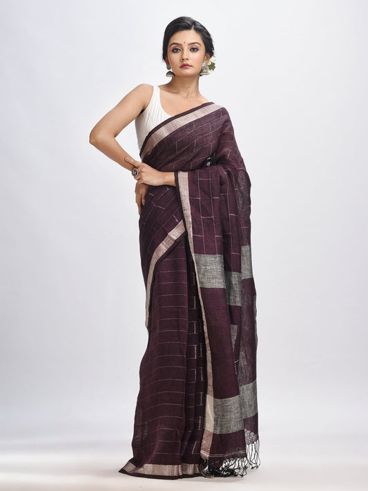 Women's Chocolate brown Traditional Linen Jamdani Saree