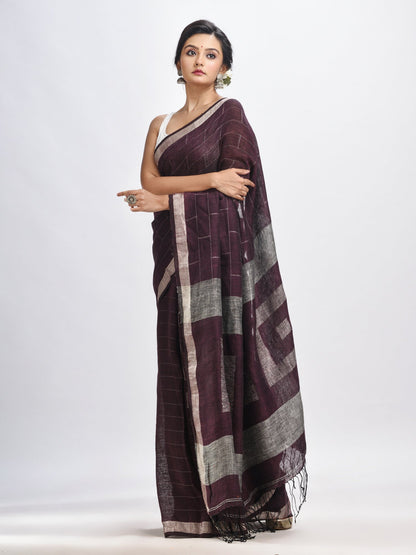 Women's Chocolate brown Traditional Linen Jamdani Saree