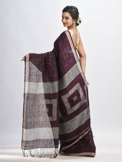Women's Chocolate brown Traditional Linen Jamdani Saree